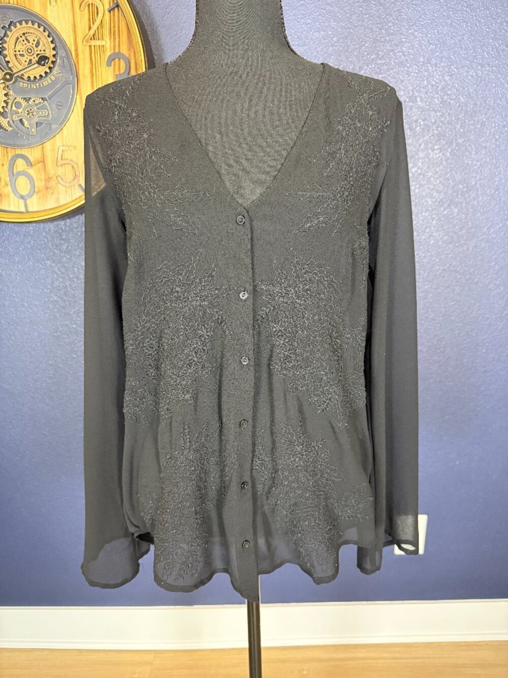 ZARA BASIC Black Sheer Embroidered Floral Blouse Long Sleeve | XS